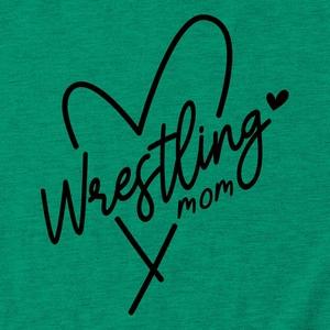 Close-up of Wrestling Mom text and heart print on green cotton fabric texture