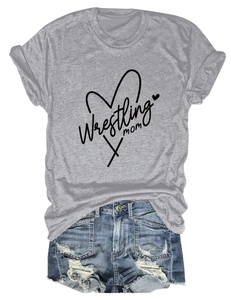 Detail of grey Wrestling Mom t-shirt paired with distressed blue denim shorts set