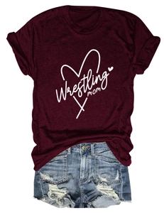 Close-up of Wrestling Mom print on burgundy cotton T-shirt with denim shorts