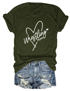 Detail of army green Wrestling Mom t-shirt paired with distressed blue denim shorts