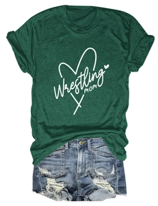 Detailed view of dark green Wrestling Mom T-shirt paired with distressed denim shorts