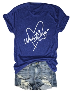 Detail of dark blue Wrestling Mom T-shirt paired with distressed denim shorts