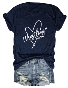 Navy blue Wrestling Mom t-shirt paired with distressed denim shorts for casual style
