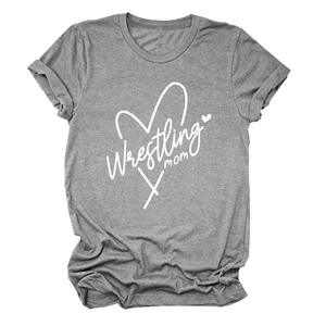 Close-up of Wrestling Mom heart print on grey short sleeve cotton t-shirt fabric