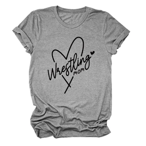 Close-up of gray cotton t-shirt fabric featuring black Wrestling Mom heart print