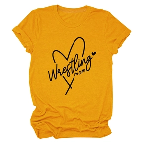 Detail of the Wrestling Mom print on ginger yellow crew neck short sleeve cotton T-shirt