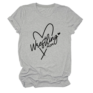 Detail of grey Wrestling Mom T-shirt showing crew neck and rolled cuff stitching