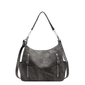 Large capacity dark grey frosted leather tote bag with stylish dual front zipper pockets
