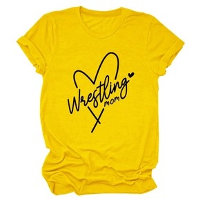 Close-up of bright yellow wrestling mom t-shirt with heart graphic and soft fabric texture