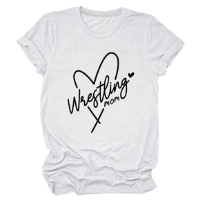 Detailed close-up of heart graphic and Wrestling Mom text on white cotton t-shirt