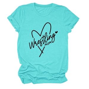 Close-up of Wrestling Mom heart print on a teal blue soft cotton short sleeve T-shirt