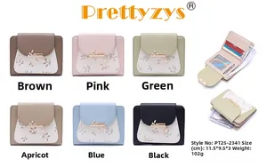 Short floral PU leather wallet with multiple card slots and leaf zipper pull for women