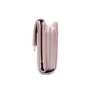Side view of multi-layer pink PU leather wallet showing sturdy zippers and storage depth