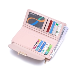 Detail view of pink trifold wallet interior with card slots, ID window, and coin zipper pocket