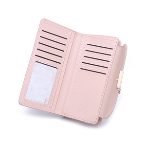Detailed view of the pink faux leather wallet interior with multiple card slots and photo ID window