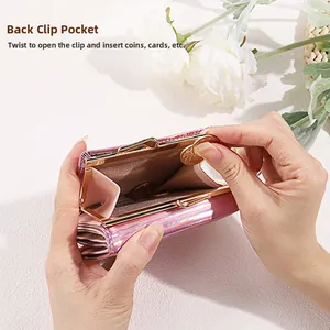 Pink holographic coin purse detail with vintage gold twist lock for cards and coins