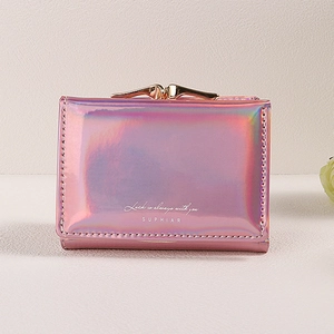 Women Holographic Laser PU Leather Wallet Short Three-fold Coin Purse With Metal Kiss-lock Fashion Letter Print Card Holder