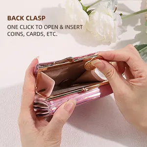 Pink holographic kiss-lock coin purse with back clip for cards and small items