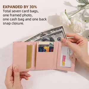 Pink PU leather tri-fold wallet for women with 7 card slots and transparent ID window