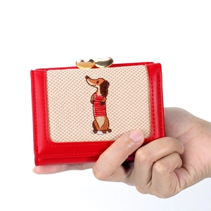 Portefeuille Femme Pliant Broderie Chien Teckel Cuir PU Tissu Tissé Fermoir Métal Coeur Multi Fentes Porte Monnaie