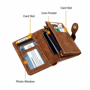 Women's vintage frosted brown wallet with card slots, coin pocket, and ID window