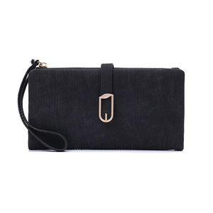Detail of matte black long wallet featuring gold leaf buckle and wristlet strap