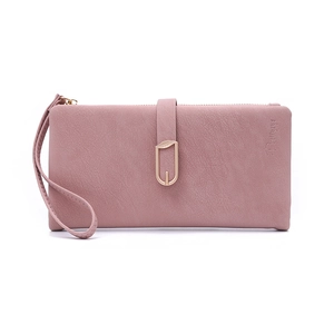 Detail view of pink long wallet featuring lychee texture and golden leaf buckle
