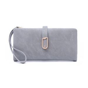Detail of grey PU leather long wallet featuring leaf-shaped metal clasp and wrist strap