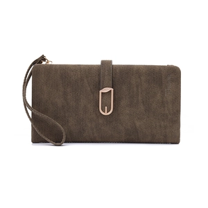 Detail of moss green long wallet with rose gold leaf buckle and wrist strap