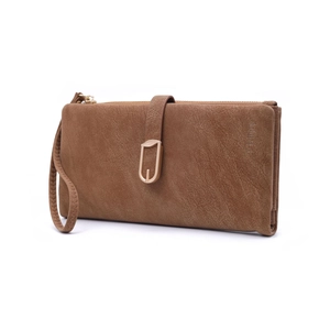 Brown faux leather long wallet for women featuring a golden leaf clasp and wrist strap