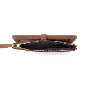 Detailed view of brown PU leather long wallet showing card slots and zipper compartment