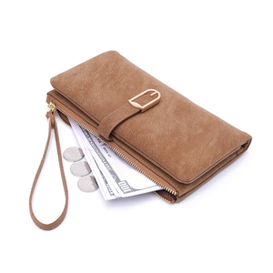 Brown PU leather long wallet for women with buckle closure and detachable wrist strap