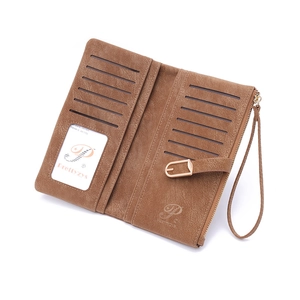 Detailed interior of tan PU wallet showing eleven card slots and a photo window