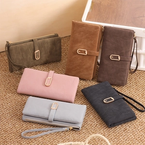 Elegant long PU leather women wallet with gold leaf buckle and wrist strap in six colors