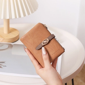 Petit Portefeuille Vintage en Cuir PU pour Femmes Avec Boucle en Métal Feuille Emplacements Multi-Cartes Porte-Monnaie Zippé
