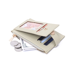 Detail of the multi-functional PU leather wallet showing card slots and zipper pocket