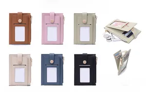 Detail view of colorful PU leather wallets showing card slots and zipper pocket