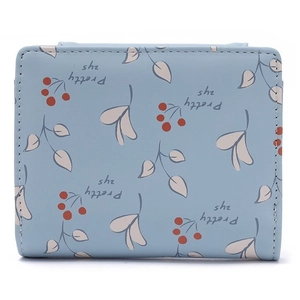 Close-up of light blue PU leather short wallet with berry prints and Pretty zys text
