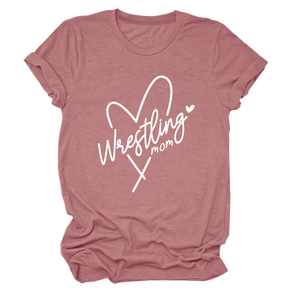 Detail of Wrestling Mom heart print on dusty rose short sleeve crew neck t-shirt