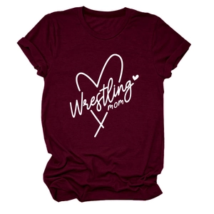 Detail of maroon Wrestling Mom T-shirt featuring white heart graphic and rolled sleeve cuffs