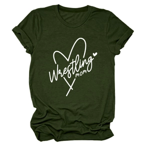 Close-up of heart and cross print on army green Wrestling Mom women's t-shirt
