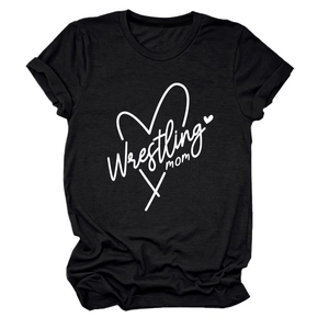 Detail of Wrestling Mom heart print on black cotton short sleeve crew neck T-shirt