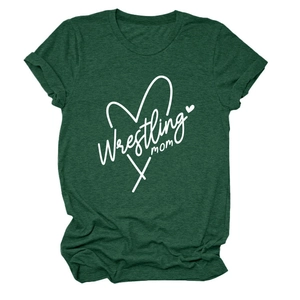 Close-up of Wrestling Mom heart print on a forest green knit cotton t-shirt