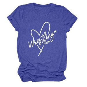 Detail of Wrestling Mom heart print on purple heather cotton blend short sleeve t-shirt