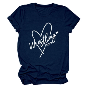 Detail of white Wrestling Mom print with heart and cross on navy cotton t-shirt