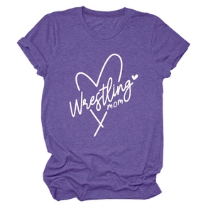 Close-up of Wrestling Mom text and heart graphic on purple heather knit t-shirt fabric