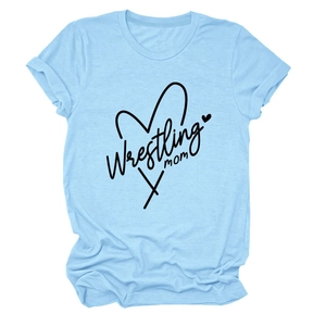 Close-up of light blue Wrestling Mom T-shirt featuring heart graphics and rolled sleeves