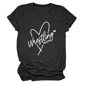 Close-up of Wrestling Mom text and heart graphic on dark grey cotton t-shirt
