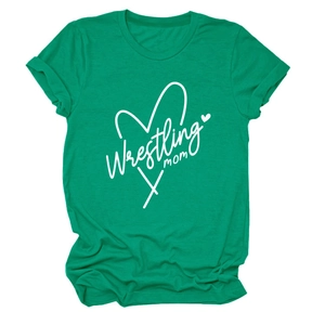 Close-up of heart graphic and white Wrestling Mom text on green cotton T-shirt