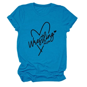 Detail of royal blue wrestling mom t-shirt with rolled sleeves and graphic print